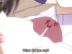 Парень тискает большие сиськи аниме девушки и даёт отсосать член