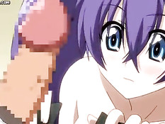 Парень тискает большие сиськи аниме девушки и даёт отсосать член