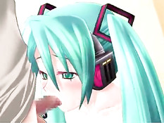 Аниме детка с голубыми волосами отсосала и получила член в киску