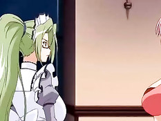 Очкастая аниме девка с зелёными волосами скачет на члене парня