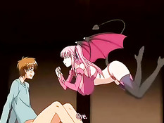 Очкастая аниме девка с зелёными волосами скачет на члене парня