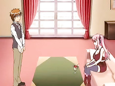 Очкастая аниме девка с зелёными волосами скачет на члене парня