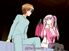 Очкастая аниме девка с зелёными волосами скачет на члене парня