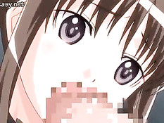 Аниме девка делает парню минет и сзади получает страпон в киску