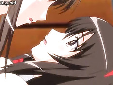 Аниме девка делает парню минет и сзади получает страпон в киску