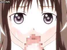 Аниме девка делает парню минет и сзади получает страпон в киску