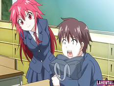 Красноволосая грудастая хентай женщина кошка прыгает на члене