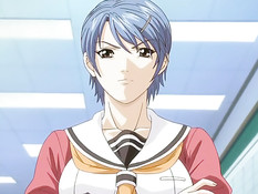 Рыжая хентай женщина обнажает большие сиськи и садится на член