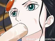 Аниме брюнетка отсосала официанту и запрыгнула на большой член