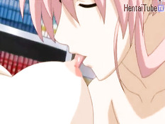 Две хентай девушки занимались лесби сексом и трахались с парнем