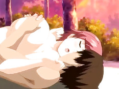 Хентай девушка с красными волосами делает минет и ебётся раком