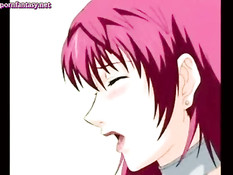 Хентай женщина с красными волосами сделала минет и села сверху