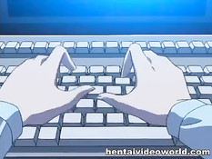 Аниме девка в офисе дрочит мужику хуй своими большими сиськами