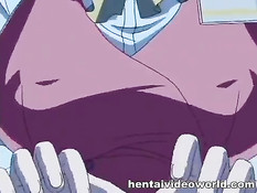 Аниме девка в офисе дрочит мужику хуй своими большими сиськами