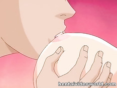 Парень засунул  большой член в рот и киску сисястой хентай девке