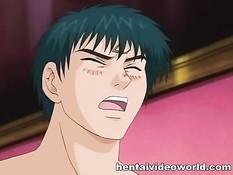 Парень засунул  большой член в рот и киску сисястой хентай девке