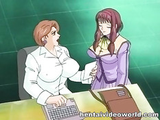 Две сисястые аниме лесбиянки целуются и трутся мокрыми кисками