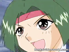 Хентай девушку с зелёными волосами ебут и заставляют сосать член