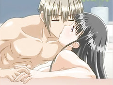 Грудастая хентай брюнетка в ванной дрочит член и ебётся с парнем