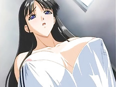 Грудастая хентай брюнетка в ванной дрочит член и ебётся с парнем