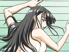 Грудастая хентай брюнетка в ванной дрочит член и ебётся с парнем