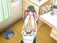 Грудастая хентай брюнетка в ванной дрочит член и ебётся с парнем