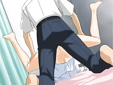 Грудастая хентай брюнетка в ванной дрочит член и ебётся с парнем