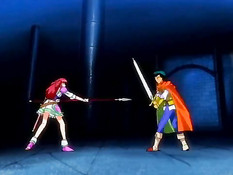 Аниме девчонка с красными волосами занимается сексом с рыцарем