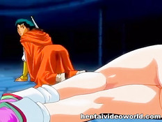 Аниме девчонка с красными волосами занимается сексом с рыцарем