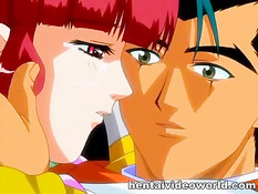 Аниме девчонка с красными волосами занимается сексом с рыцарем