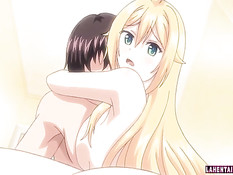 Грудастая хентай блондинка целуется и трахается с парнем в душе