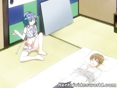 Хентай девушка с большой грудью развязывает парня и сосёт член