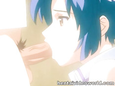 Хентай девушка с большой грудью развязывает парня и сосёт член