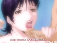 Грудастая хентай девка отсасывает и трахается с парнями на пляже