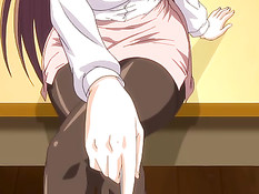 Очкастая хентай девка в колготках села на стол и подрочила ногами