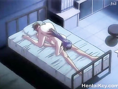 Очкастая хентай девка зашла к спящему парню и села на его член