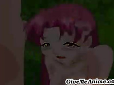 Хентай девушка отсасывает парню на поляне и садится на его член