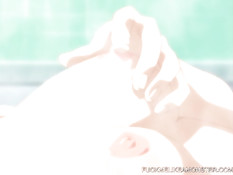 Красивая хентай блондиночка мастурбирует киску на полу в ванной