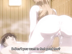 Грудастая хентай подруга в бане дрочит член и садится на паренька