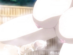 Грудастая хентай подруга в бане дрочит член и садится на паренька