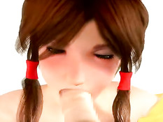 Грудастая 3D девчонка с хвостиками отсасывает и ебётся с парнем