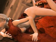 Здоровый монстр отлизывает киску и трахает аниме девушку в киску