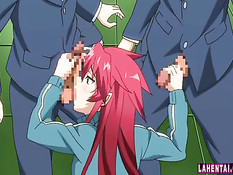 Ребята заставляют рыжую хентай чертовку отсасывать и трахаться