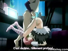 Молодой господин ебёт вибратором и хуем очкастую хентай рабыню