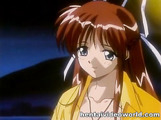 Аниме пара занимается сексом на плывущей лодке под фейерверком