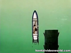 Аниме пара занимается сексом на плывущей лодке под фейерверком