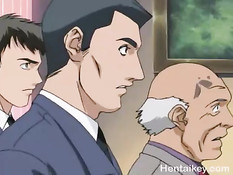 Очкастая хентай шлюха дрочит сиськами и отсасывает члены парням