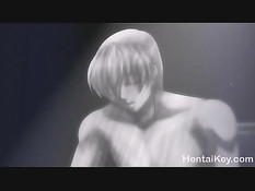 Аниме девка обнажает большую грудь и мастурбирует перед парнями