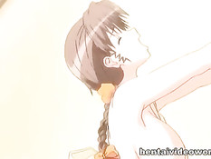 Грудастая хентай тёлка с косой увидела член и захотела его сосать