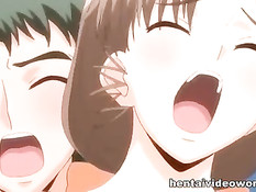 Грудастая хентай тёлка с косой увидела член и захотела его сосать